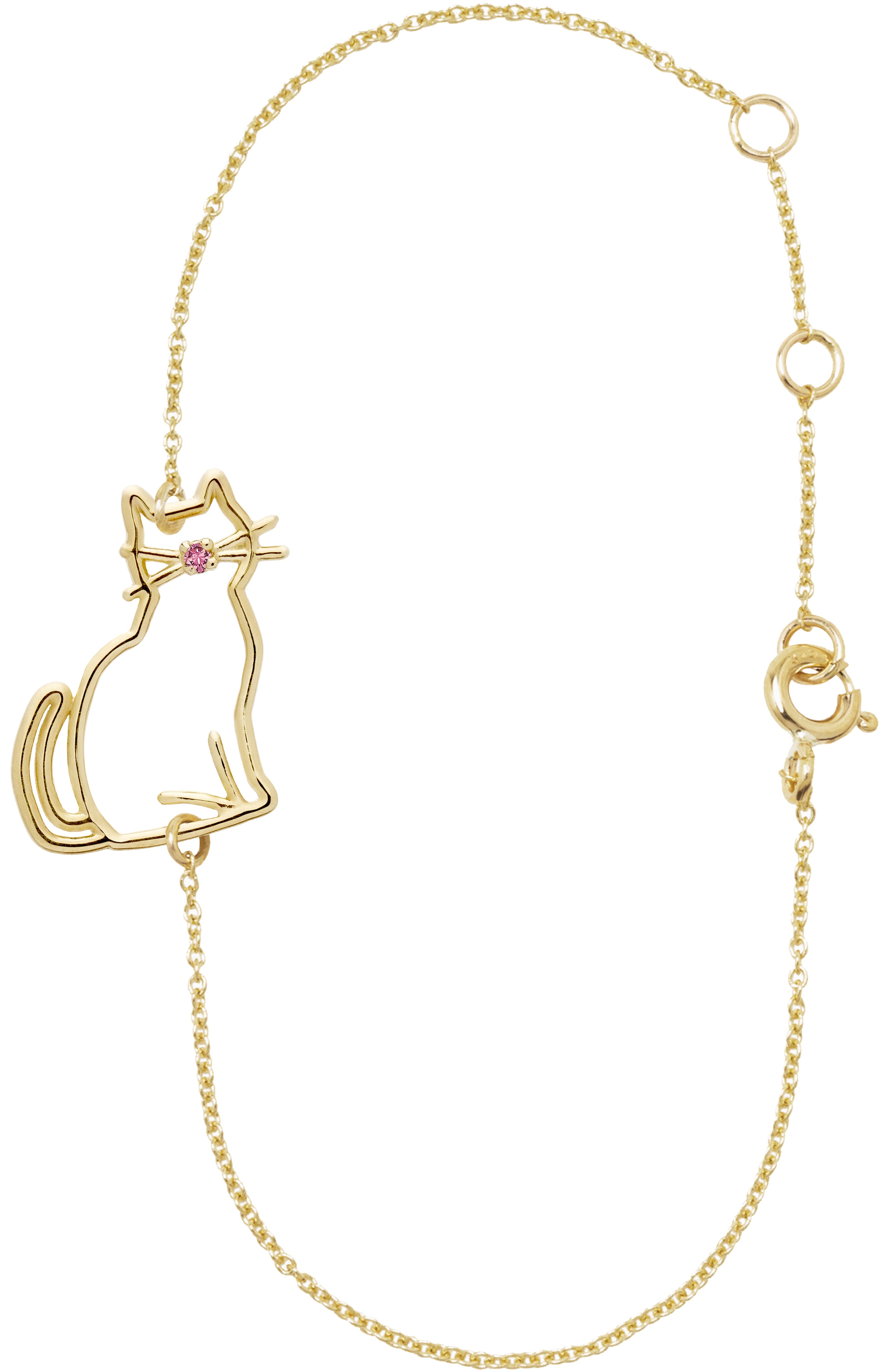 Gold chain bracelet with a small seated cat shaped pendant and a pink sapphire nose
