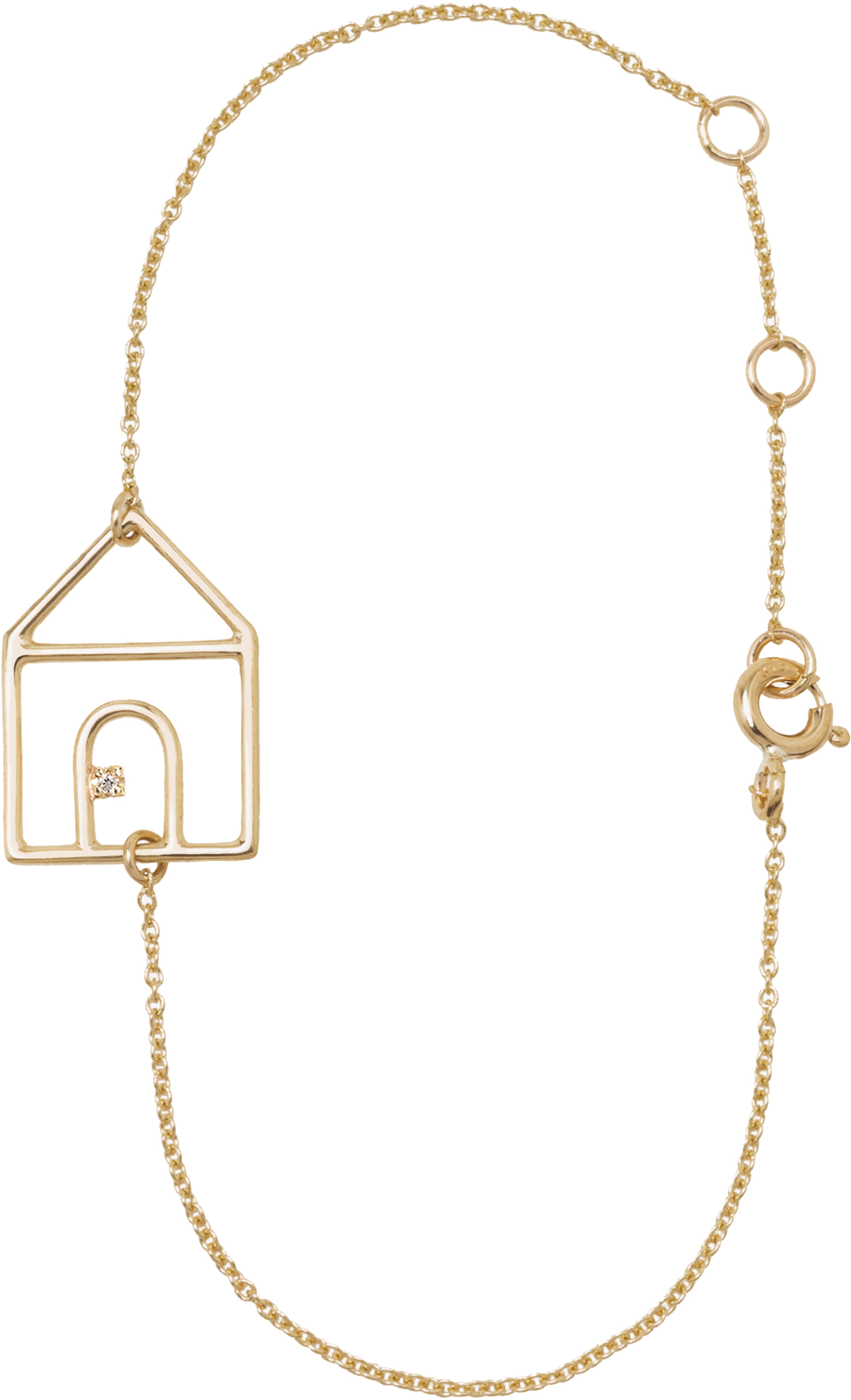 Gold chain bracelet with house shaped pendant and small diamond