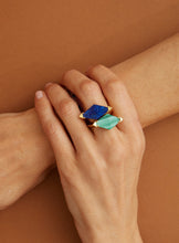 Load image into Gallery viewer, Gold rings with malachite and lapis lazuli stones on woman&#39;s hands
