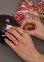 Load image into Gallery viewer, Woman hands holding an eggplant wearing a gold ring with carrot shaped cameo and a crocodile shaped gold ring
