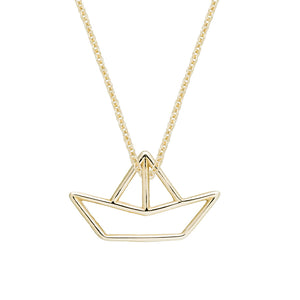 Gold chain necklace with small boat shaped pendant