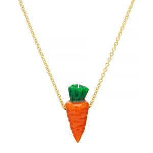 Gold chain necklace with small carrot shaped coral pendant with turquoise leaves