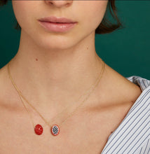 Load image into Gallery viewer, Gold chain necklaces with dragon fruit shaped coral worn by model
