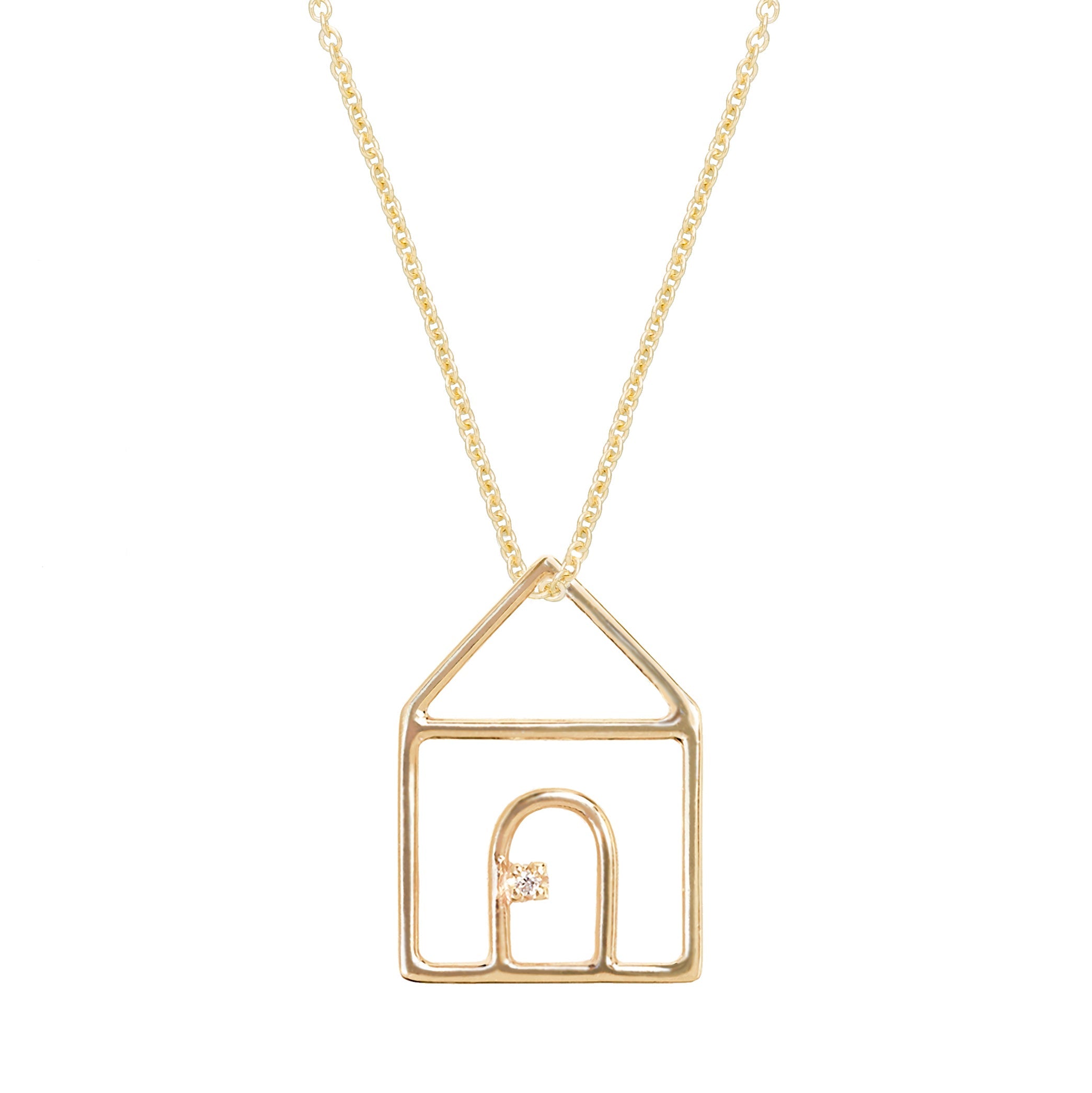 Gold chain necklace with house shaped pendant and small diamond