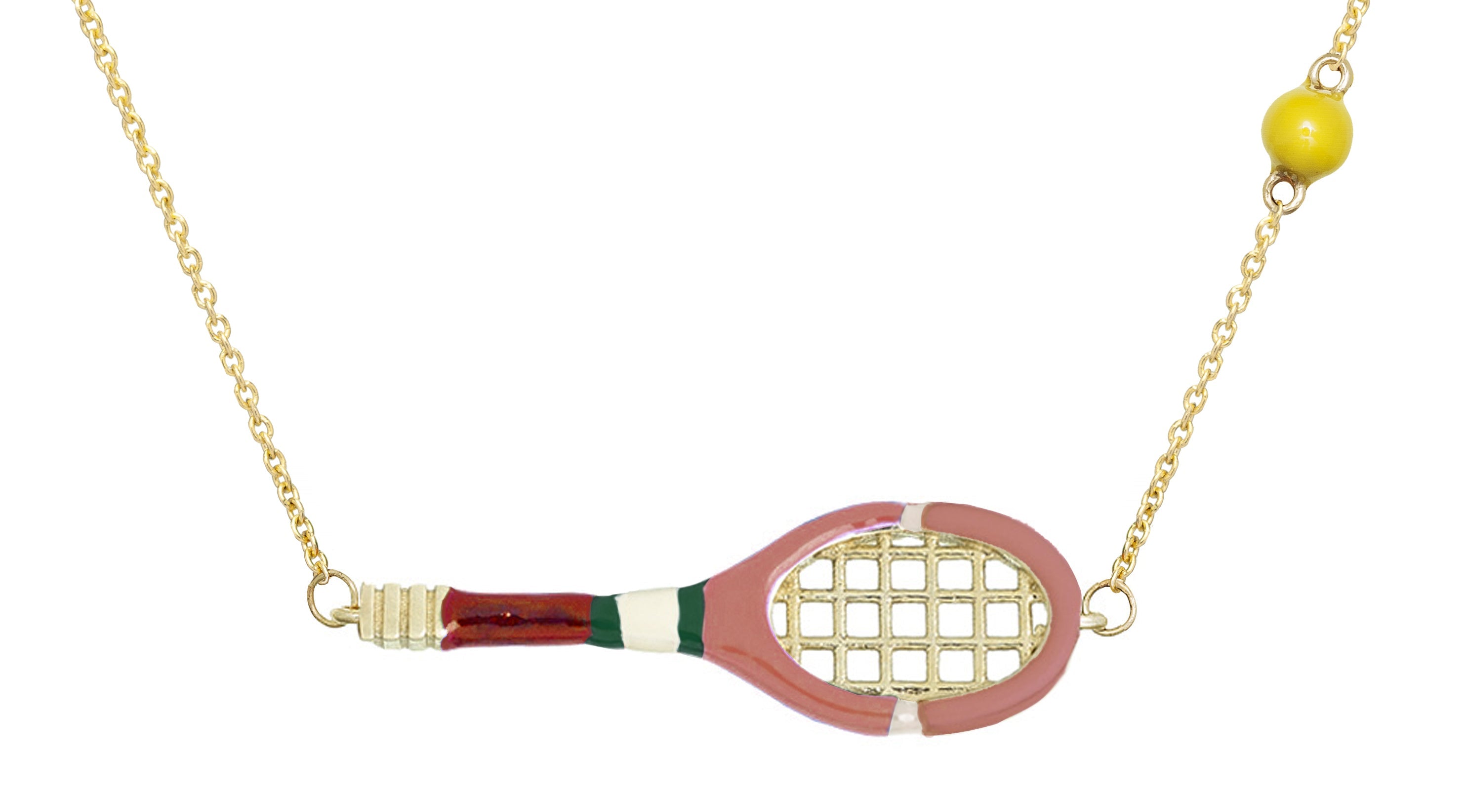 Gold chain necklace with gold tennis racquet and ball shaped pendants in pink and yellow enamel