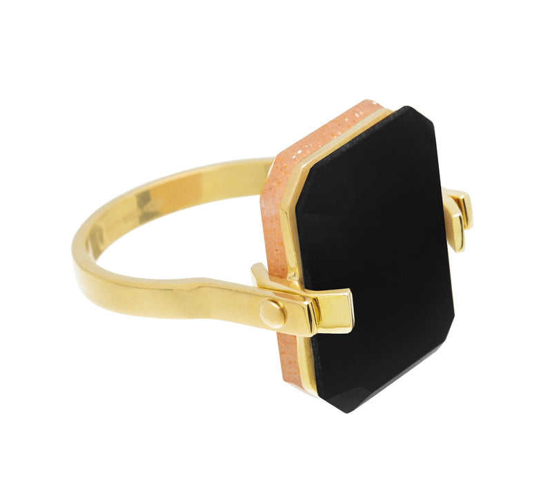 DECO SANDWICH SUNSTONE + BLACK AGATE RING