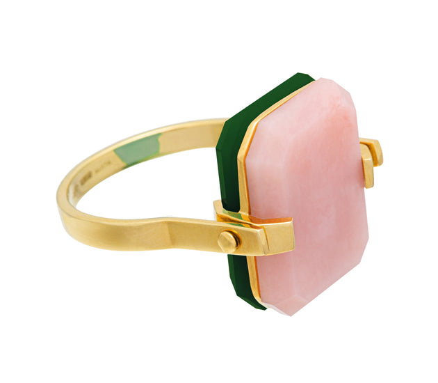 DECO SANDWICH PINK OPAL + GREEN AGATE RING