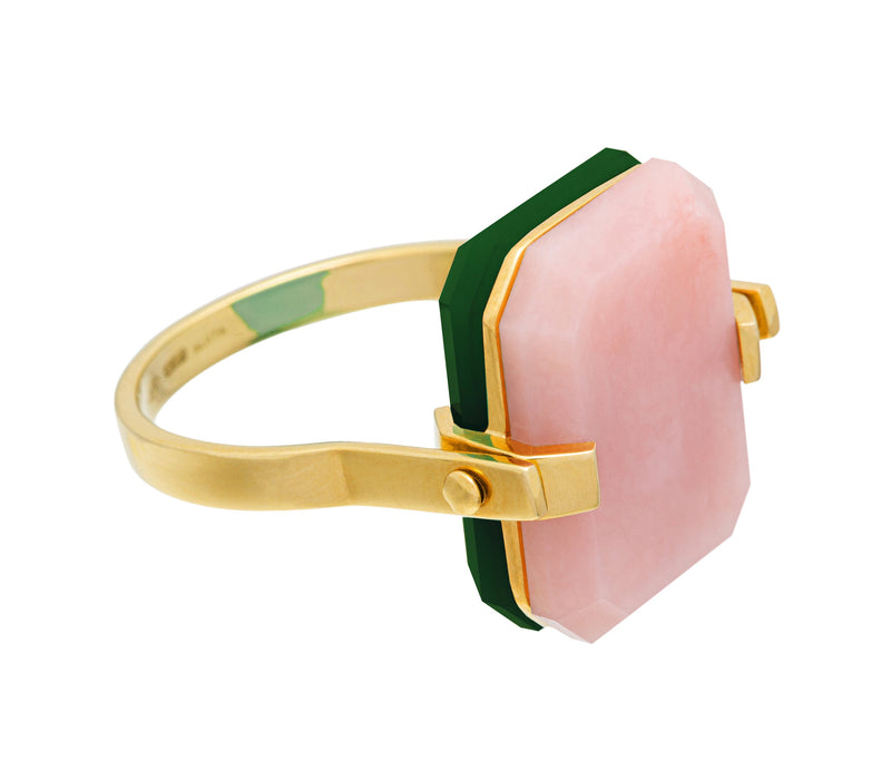 DECO SANDWICH PINK OPAL + GREEN AGATE RING