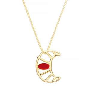 Gold chain necklace with croissant shaped pendant hand-painted in raspberry enamel