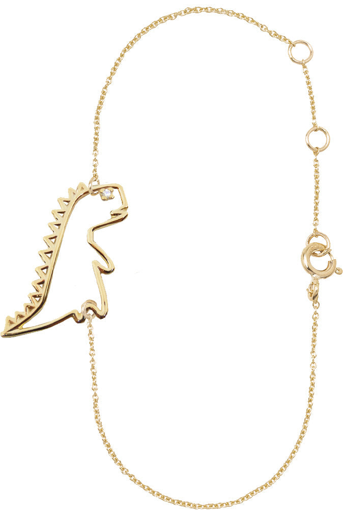 Gold chain bracelet with dinosaur shaped pendant and small diamond