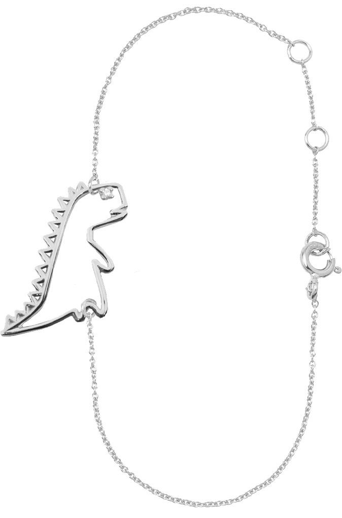 White gold chain bracelet with dinosaur shaped pendants and small diamond