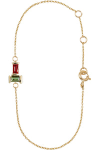 Gold chain bracelet with baguette cut garnet and green tourmaline