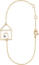 Load image into Gallery viewer, Gold chain bracelet with house shaped pendant and small blue sapphire
