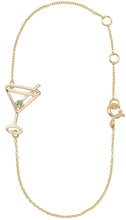 Load image into Gallery viewer, Gold chain bracelet with martini drink shaped pendant  and small emerald
