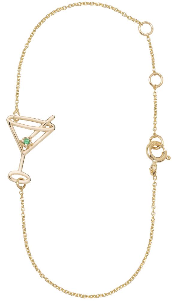 Gold chain bracelet with martini drink shaped pendant  and small emerald