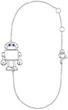 Load image into Gallery viewer, White gold chain bracelet with small robot shaped pendant with blue sapphires as eyes
