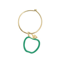 Load image into Gallery viewer, Gold hoop earring with a green apple shaped pendant
