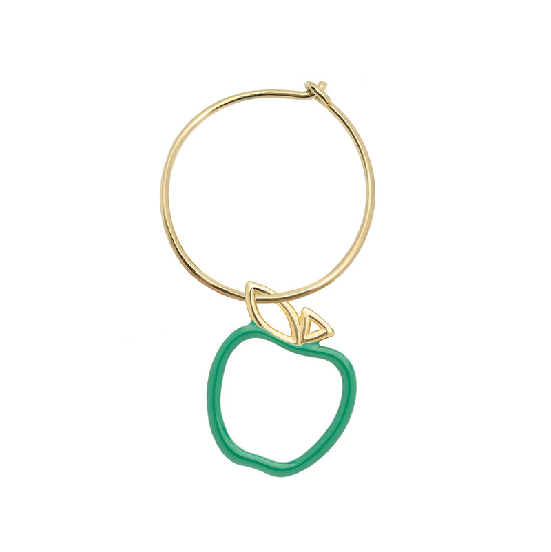 Gold hoop earring with a green apple shaped pendant