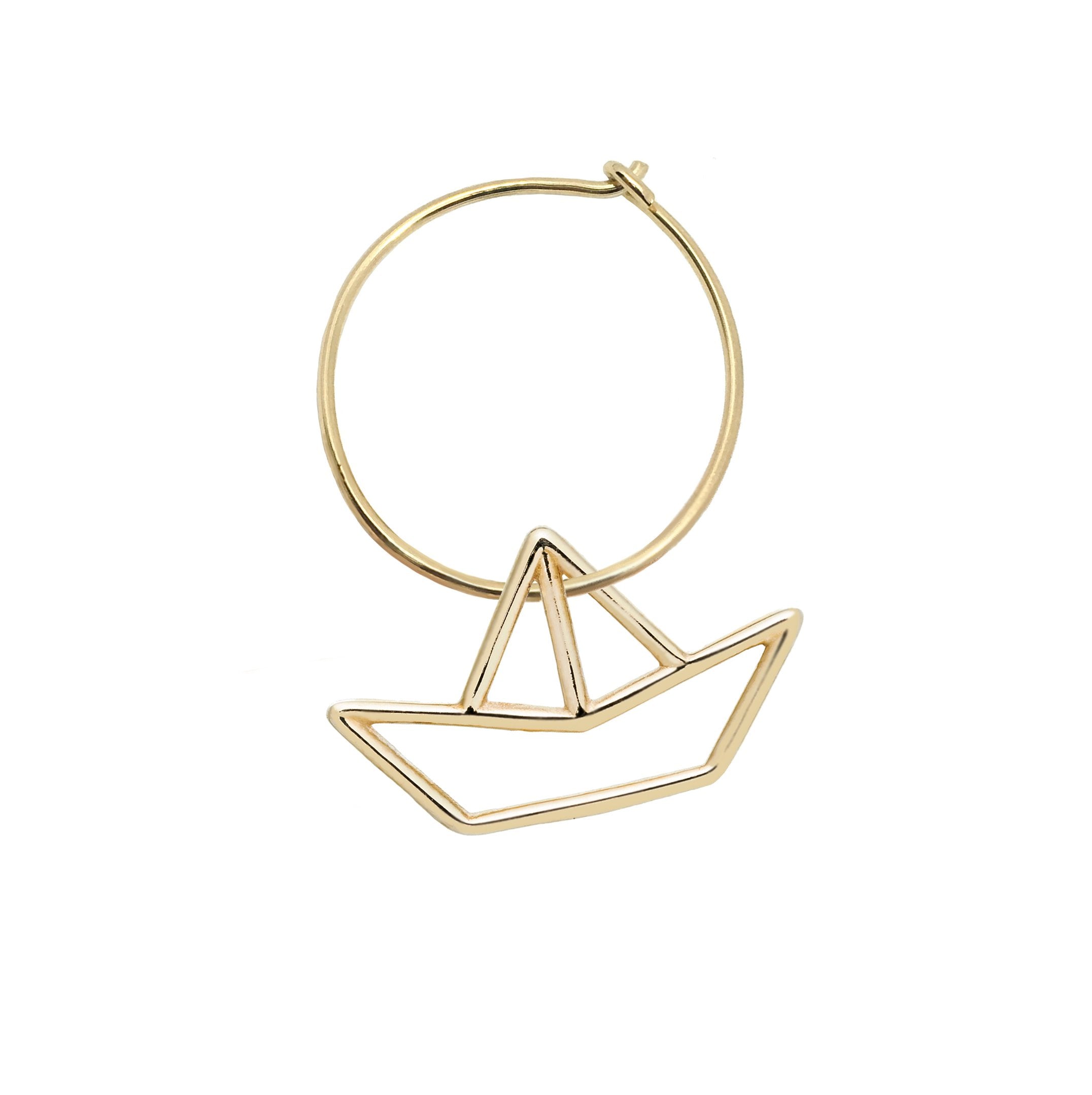 Gold hoop earring with little boat shaped pendant