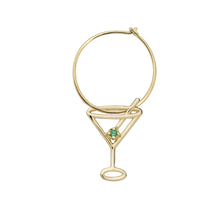 Load image into Gallery viewer, Gold hoop earring with martini drink shaped pendant and small emerald
