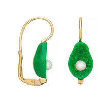 Load image into Gallery viewer, Gold earrings with avocado shaped oxidized turquoise and pearls

