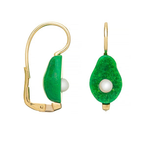 Gold earrings with avocado shaped oxidized turquoise and pearls
