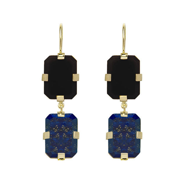 DECO SANDWICH BLACK AGATE + LAPIS LAZULI EARRINGS