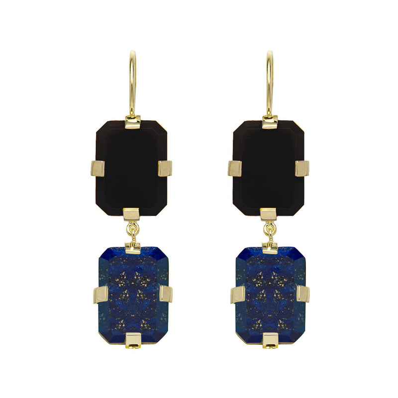 DECO SANDWICH BLACK AGATE + LAPIS LAZULI EARRINGS