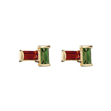 Load image into Gallery viewer, Gold earrings pair with baguette cut garnet and green tourmaline
