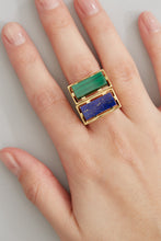 Load image into Gallery viewer, Gold square rings with lapis lazuli and malachite stones worn by model

