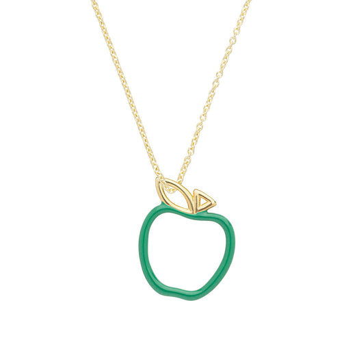 Gold chain necklace with a little apple pendant with green enamel