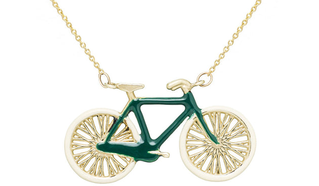 Gold chain necklace with bike shaped pendant hand-painted in green enamel