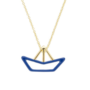 Gold chain necklace with a little paper boat pendant with blue enamel