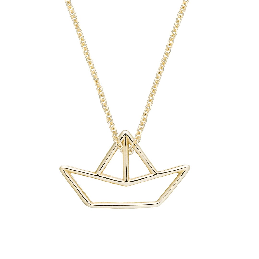 Gold chain necklace with small boat shaped pendant