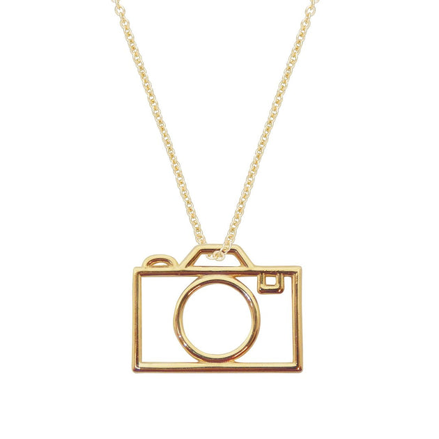 Gold chain necklace with small camera pendant