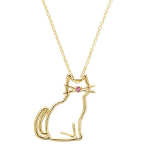 Load image into Gallery viewer, Gold chain necklace with a small seated cat shaped pendant with a pink sapphire nose
