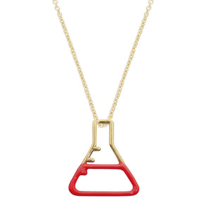 Gold chain necklace with small chemistry baker pendant hand-painted in red enamel