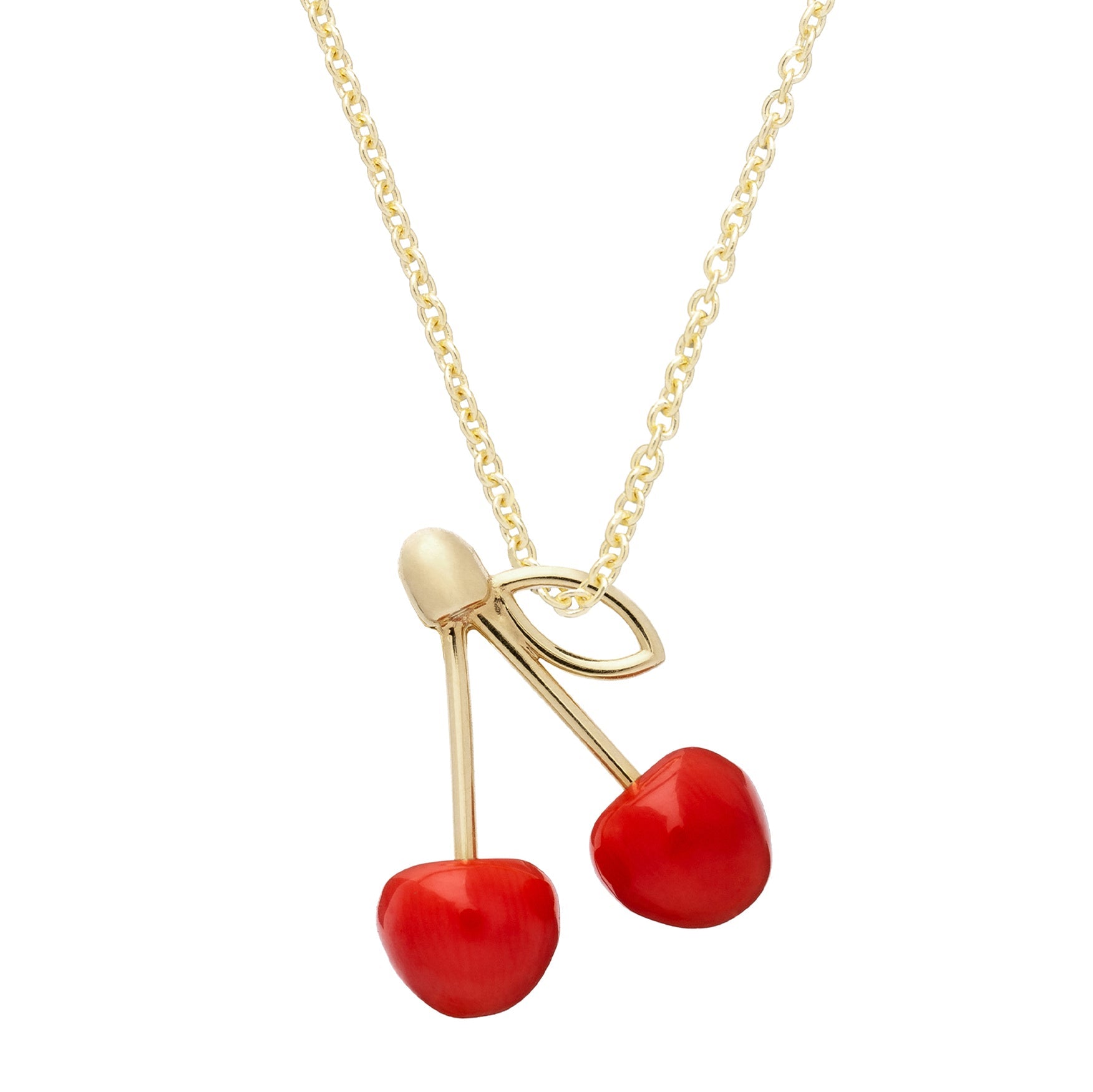 Gold chain necklace with two cherries in red coral