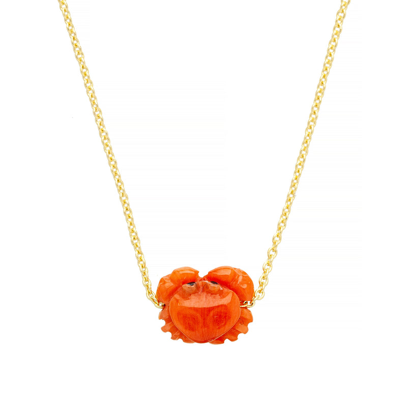 Gold chain necklace with mini red crab shaped coral