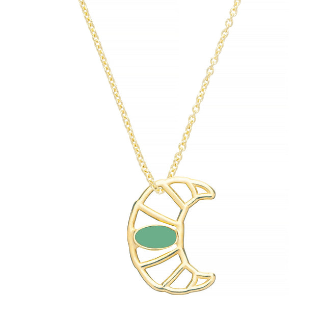 Gold chain necklace with croissant shaped pendant hand-painted in pistachio enamel