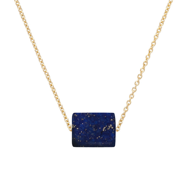 Gold chain necklace with a cylinder cut lapis lazuli stone