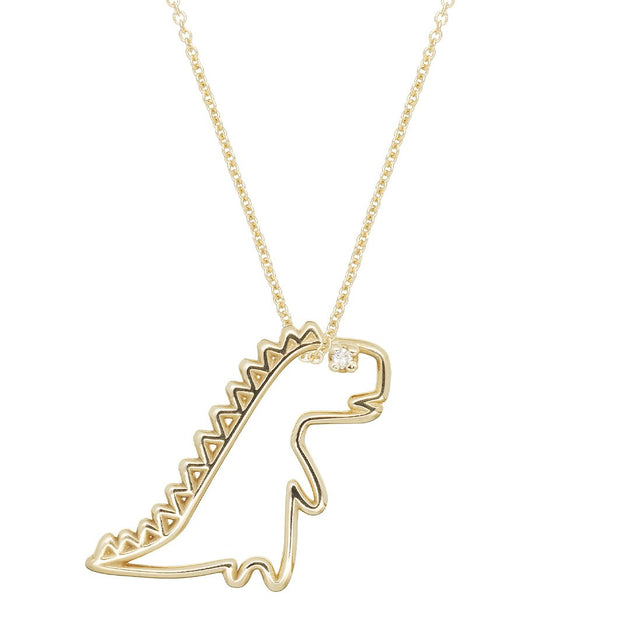 Gold chain necklace with dinosaur shaped pendant and small diamond