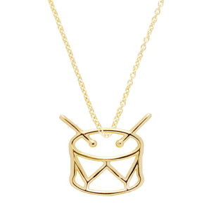 Gold chain necklace with drum shaped pendant