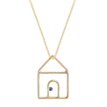 Load image into Gallery viewer, Gold chain necklace with house shaped pendant and small blue sapphire
