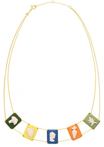 Gold chain necklace with multiple colored porcelain cameo pendants