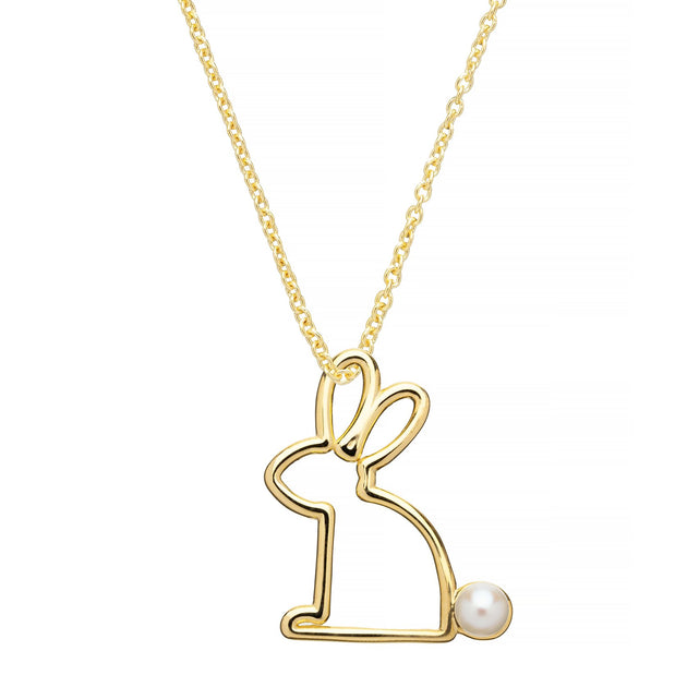 Gold chain necklace with rabbit shaped pendant with pearl