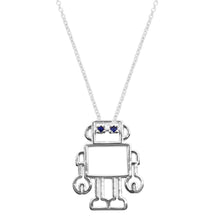 Load image into Gallery viewer, White gold chain necklace with robot shaped pendant and blue sapphires
