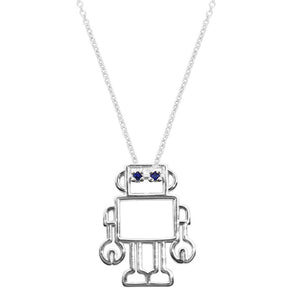 White gold chain necklace with robot shaped pendant and blue sapphires