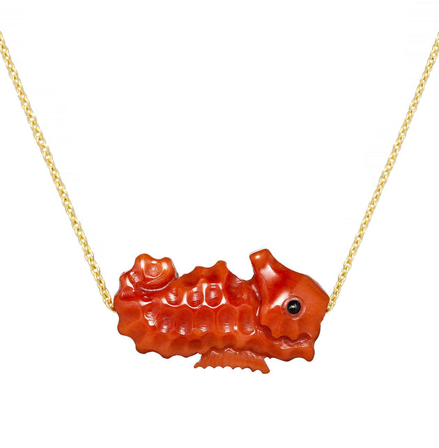 Gold chain necklace with seahorse shaped red coral pendant