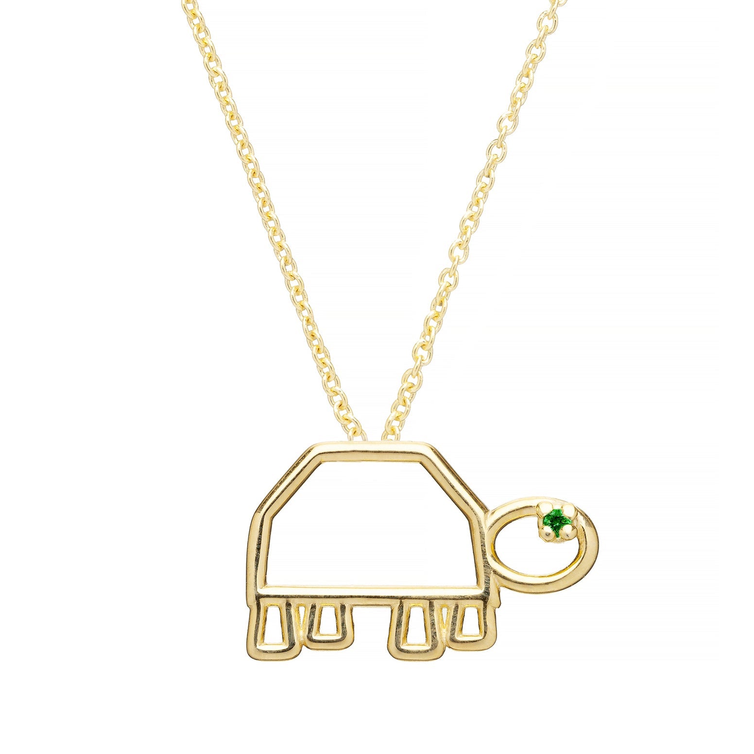 Gold chain necklace with a turtle shaped pendant with an emerald eye